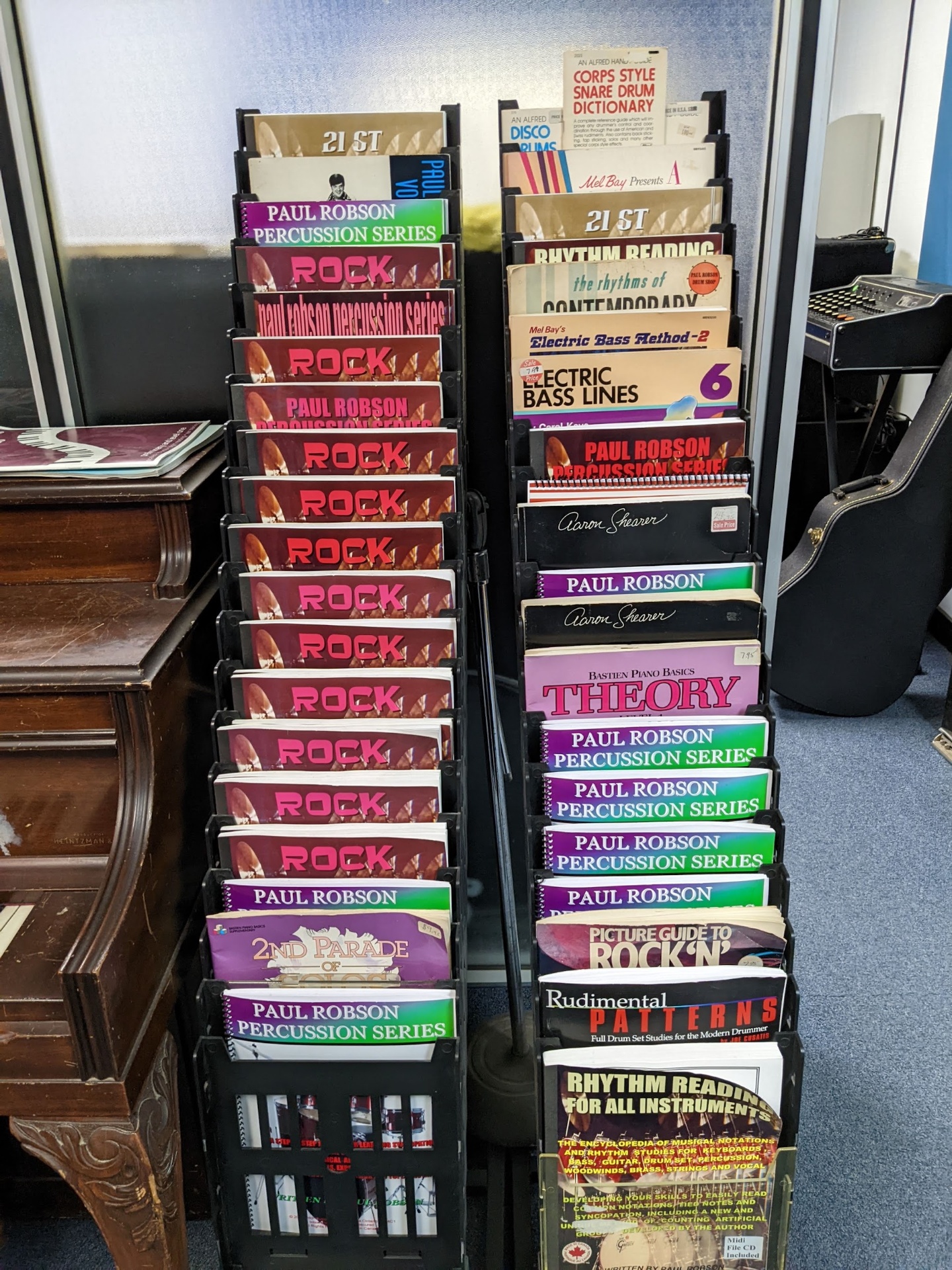 Method books and sheet music rack